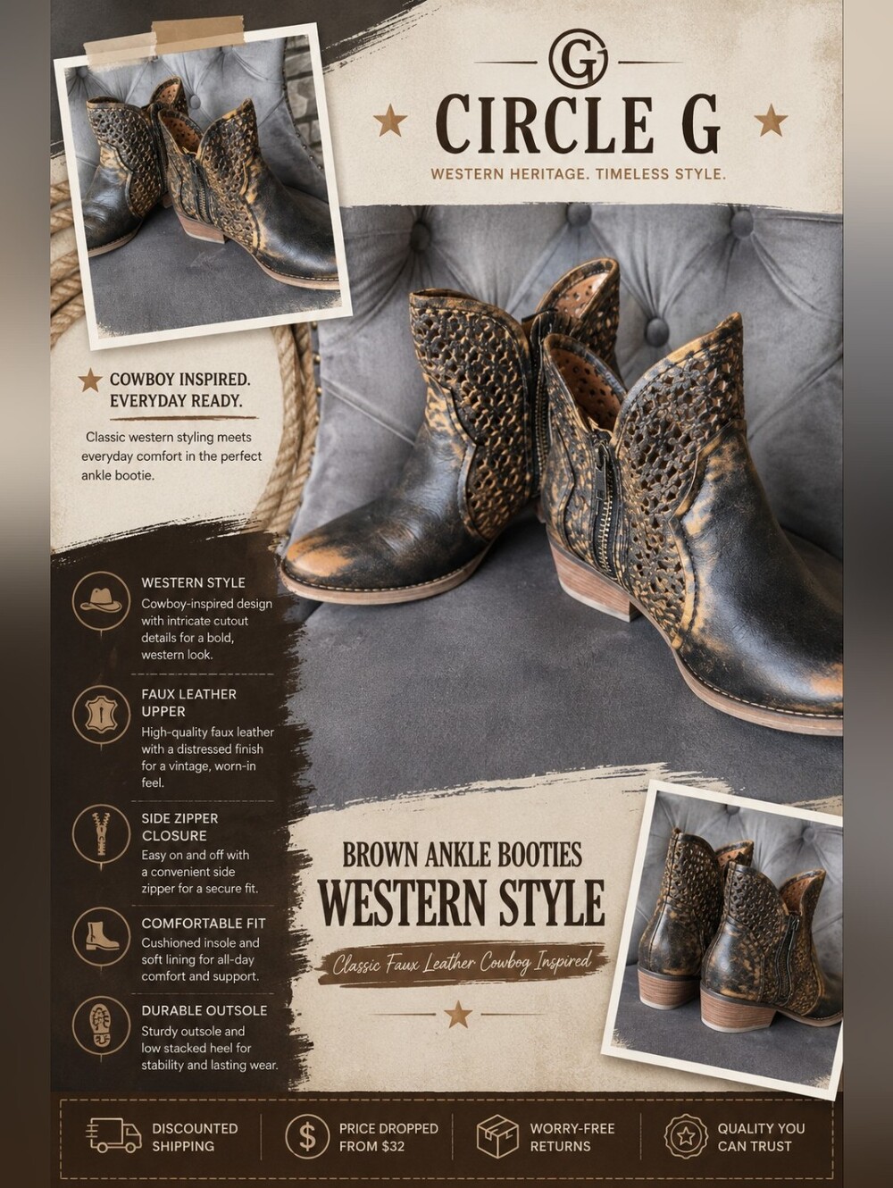 Circle G Brown Ankle Booties Western Style Classic Faux Leather Cowboy Inspired